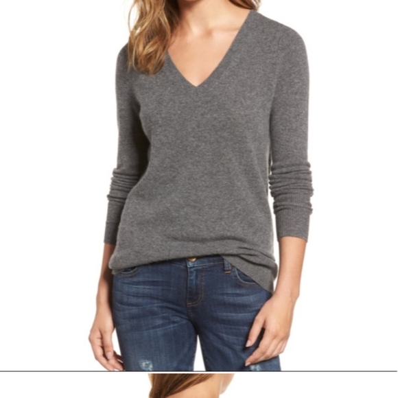 Halogen v-neck long sleeve cashmere sweater gray M - Picture 4 of 9